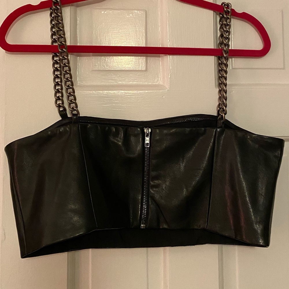 Black Leather Crop Top with Chain Straps - Picture 6 of 7